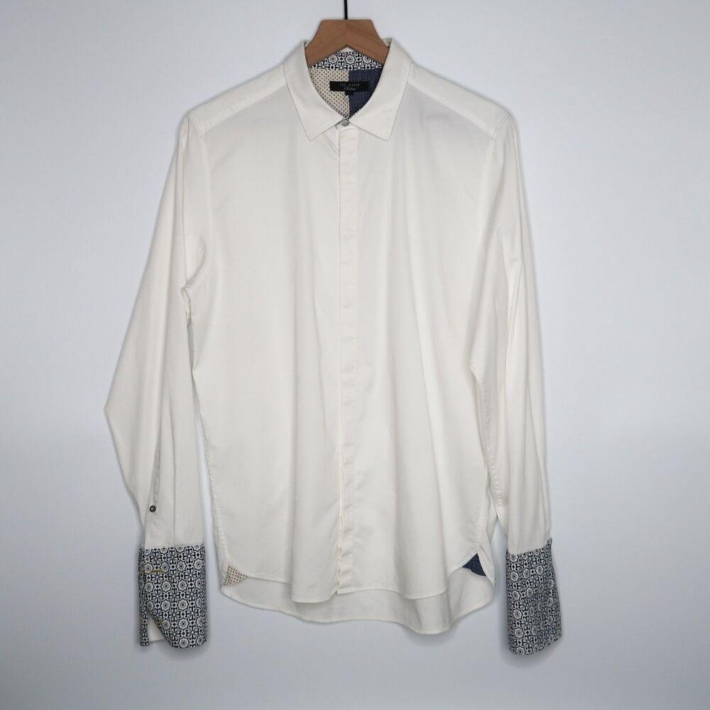 Ted Baker Mens Button‎ Up Shirt Size 16.5 White Blue Geometric Office Formal